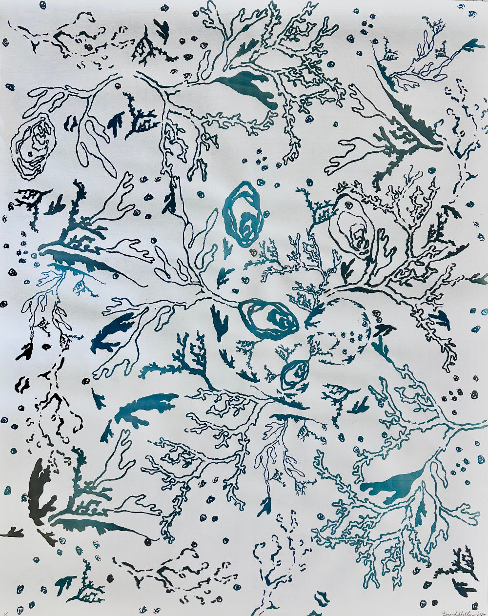 tranquil Coastal artwork – Fine Art Print for Serene Decor. coral oyster and abstract coastal designs in teal blue and green teal blue ocean hues on a white background.