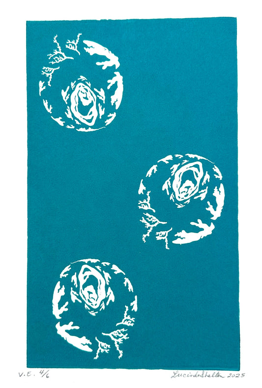 Three white circular patterns of white coral representing the global oceans on a teal blue background