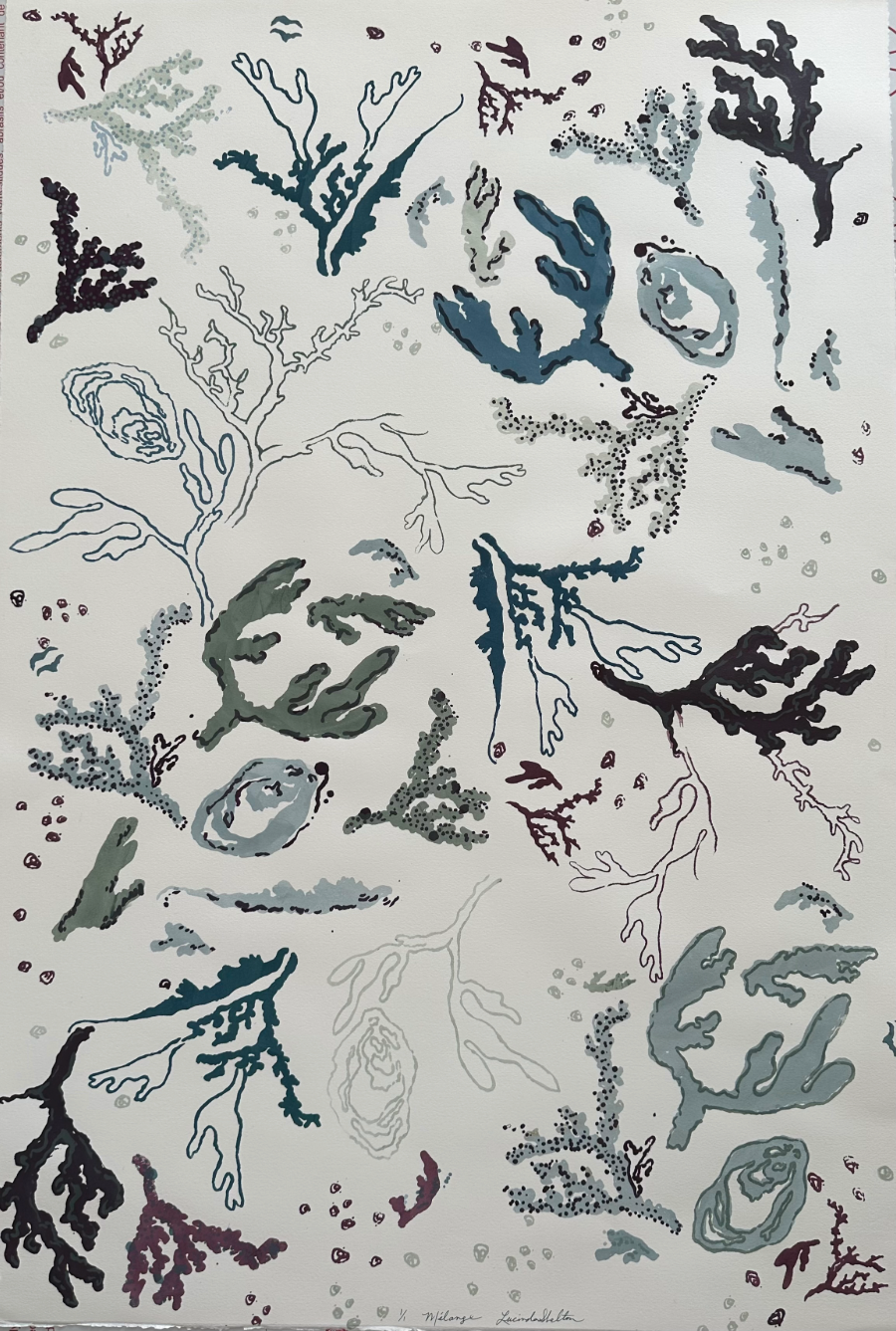 coral oyster and abstract coastal designs in teal blue ocean hues on a white background.