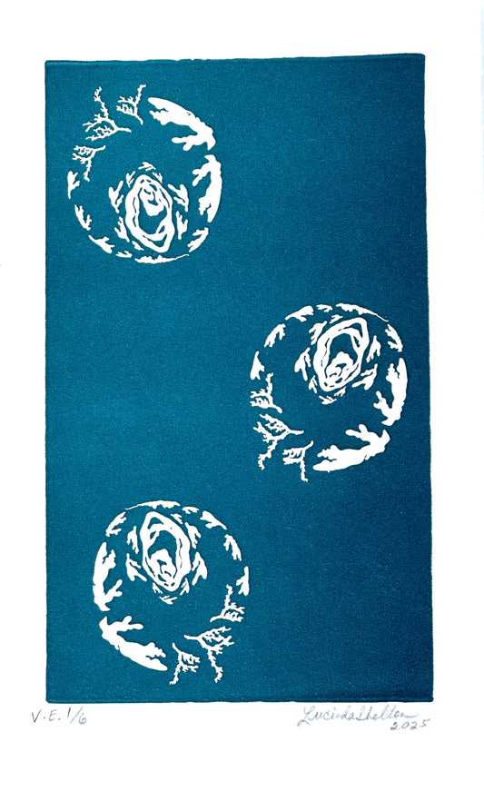 Three white circular patterns of white coral representing the global oceans on a teal blue background